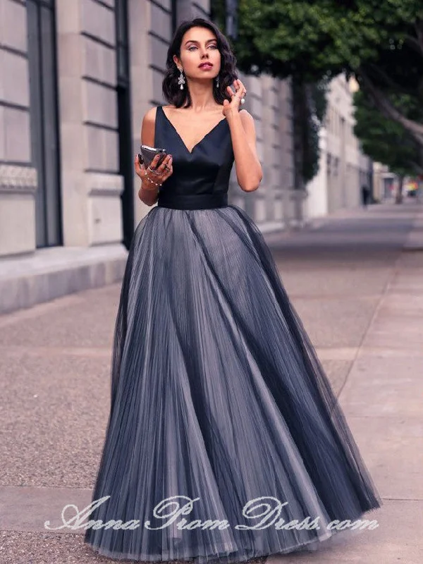 Take Advantage Long Prom Dresses Straps V Neck A Line Floor-length Bowknot Tulle Prom Dress JKL603