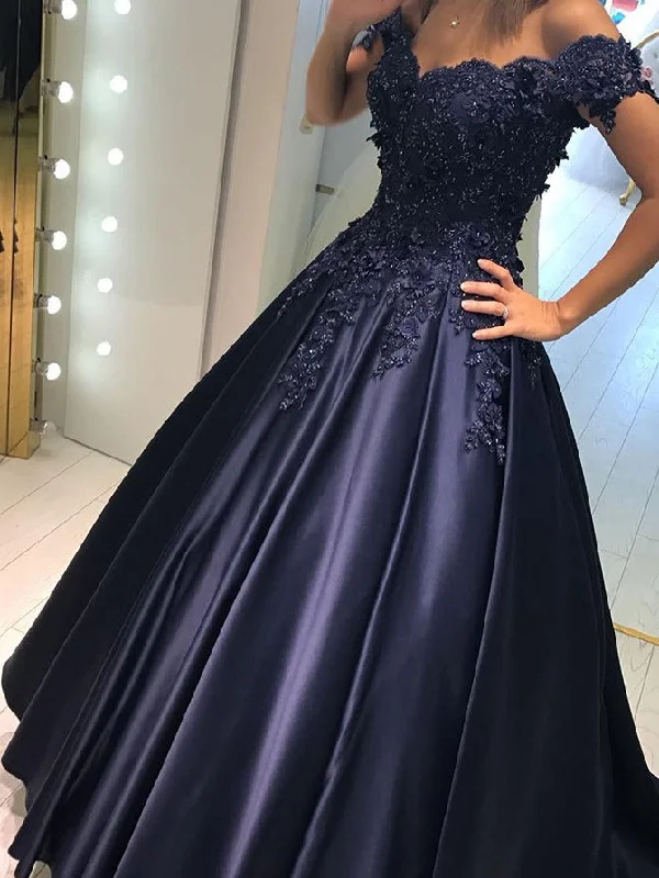 Hurry In Sexy Ball Gown Prom Dresses Dark Navy Satin Prom Dress/Evening Dress JKS088