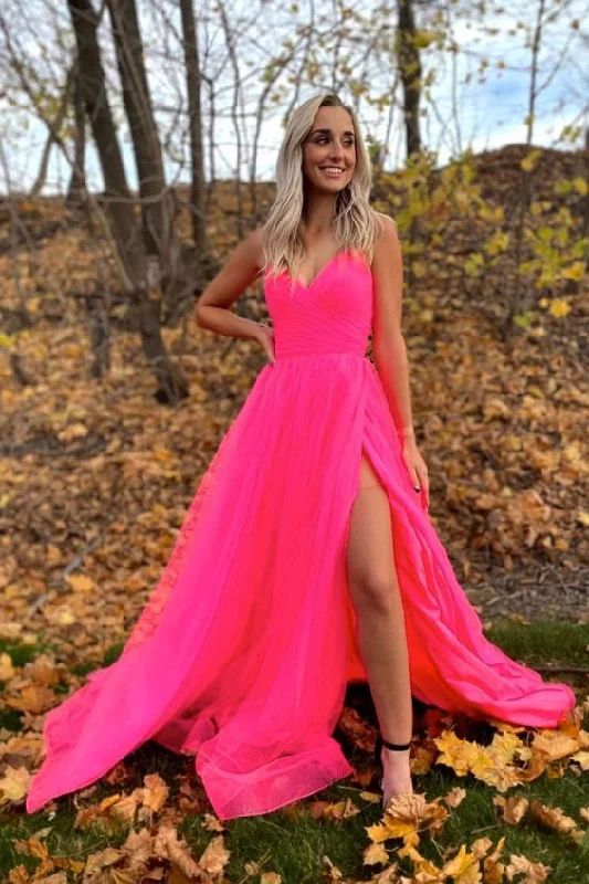 off-the-shoulder dressSimple v neck tulle hot pink tulle formal dress, hot pink tulle prom dress Y1627