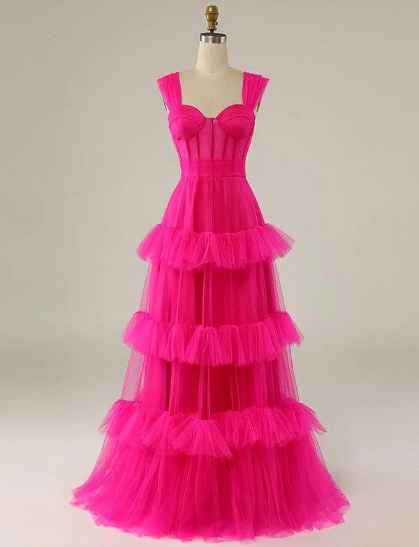 elegant evening dressHot Pink Sweetheart Multi Layers Tulle Prom Dresses Formal Dresses Y1829