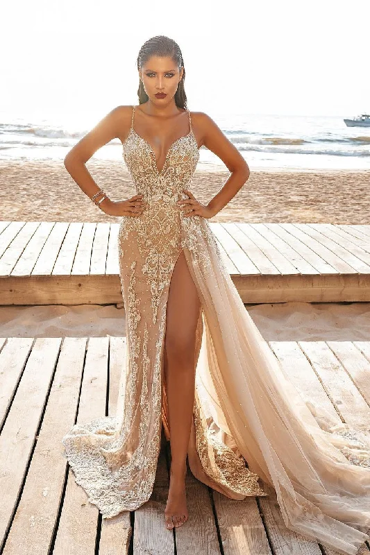 Holiday Sale Sexy Spaghetti-Straps Mermaid Lace Evening Gowns With Slit
