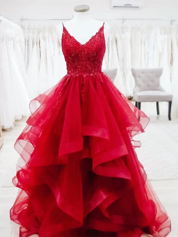 Best Bargains office dressSpaghetti Straps A-line Prom Dresses Tulle Beaded Gowns Y1262