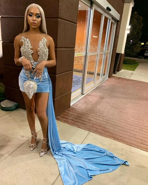 Mega Sale chic shift dresstight blue mini homecoming dress party dress Y72