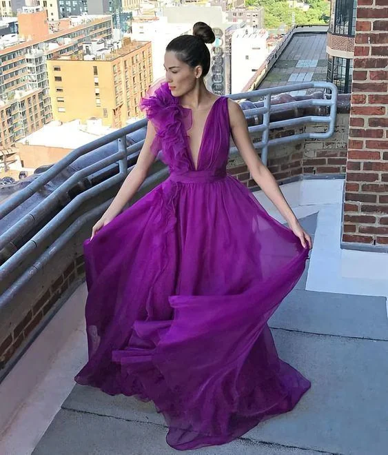 Low Prices floral dressA Line V Neck Long Prom Dress, Sleeveless Prom Dress Y1067