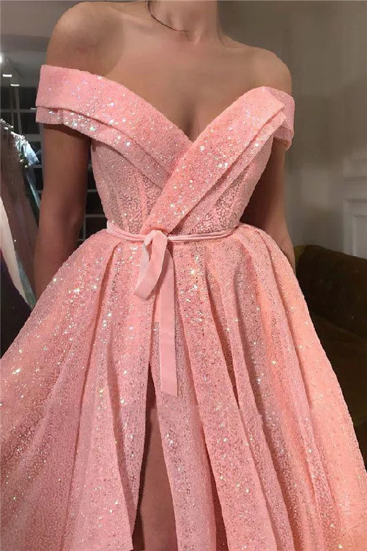 Last Chance boho dressA Line Pink Sequins Off the Shoulder Prom Dresses with Split, V Neck Dance Dresses Y888 Last Chance boho dressA Line Pink Sequins Off the Shoulder Prom Dresses with Split, V Neck Dance Dresses Y888