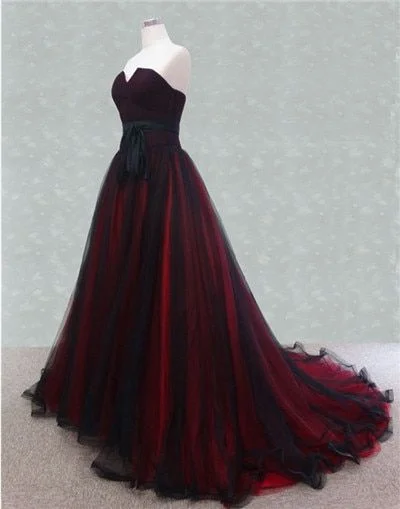 Sneak Peek Sale comfy dressStrapless Black and Red Tulle Sweep Train Prom Dress Y1155