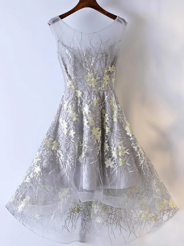 Big Discounts Homecoming Dress Silver Organza Asymmetrical Short Prom Dress Party Dress JK249