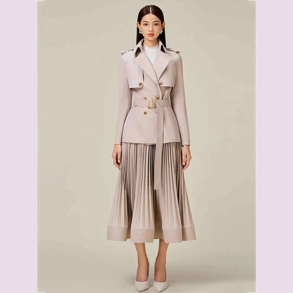 Discount Deals fashion-forward coatDEAT 2 Pcs Set Notched Collar Double Breasted Belt Waist Trench Coat Pleated A-line Skirt Women's Suit 2024 Spring New Fashion