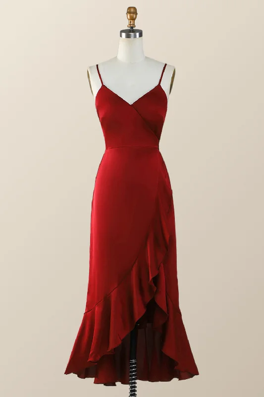 Special Savings pleated dressStraps Red Faux Wrap Ruffle Bridesmaid Dress