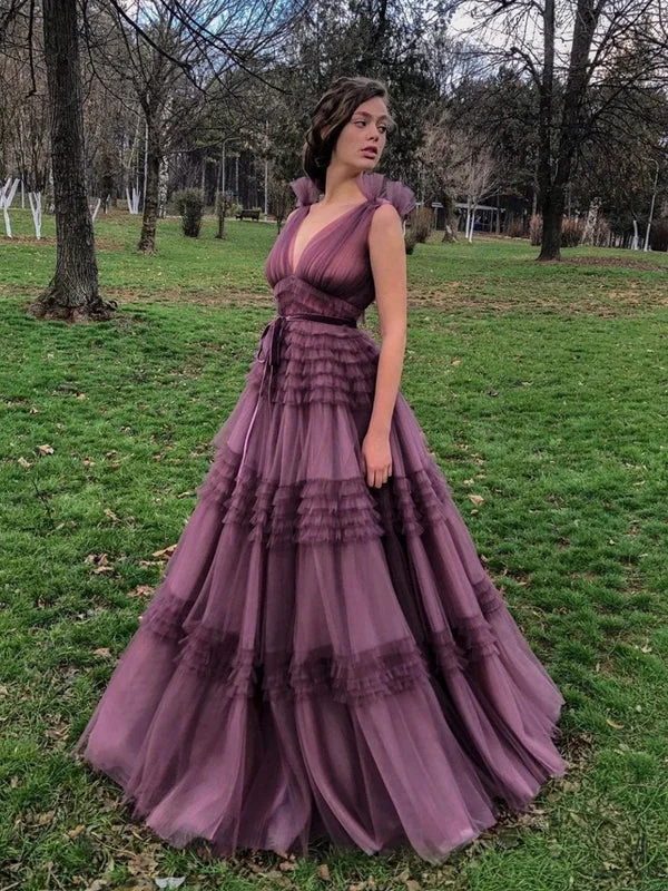 wrap-around dressDusty Purple Long A Line Prom Dresses, Chic Tulle Prom Dresses, High Waist Prom Dresses Y1913