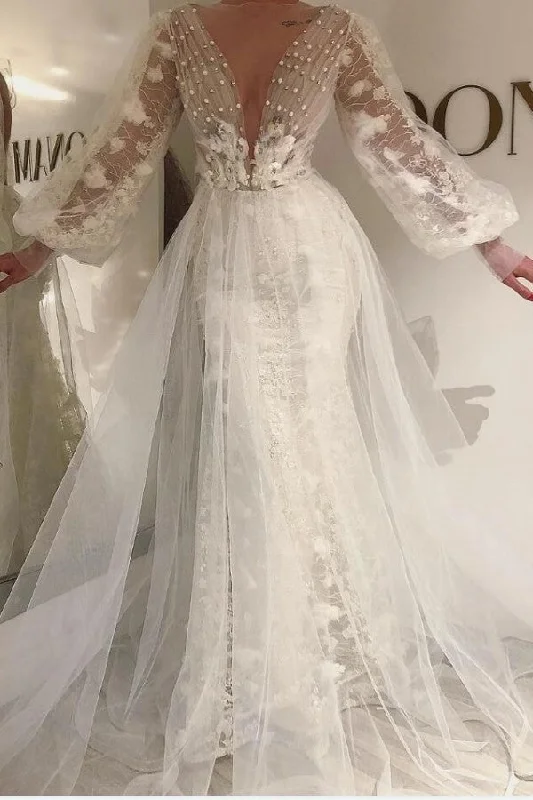 Unmissable Offer Sexy White Long Tulle Beaded Long Prom Dress With Long Sleeves