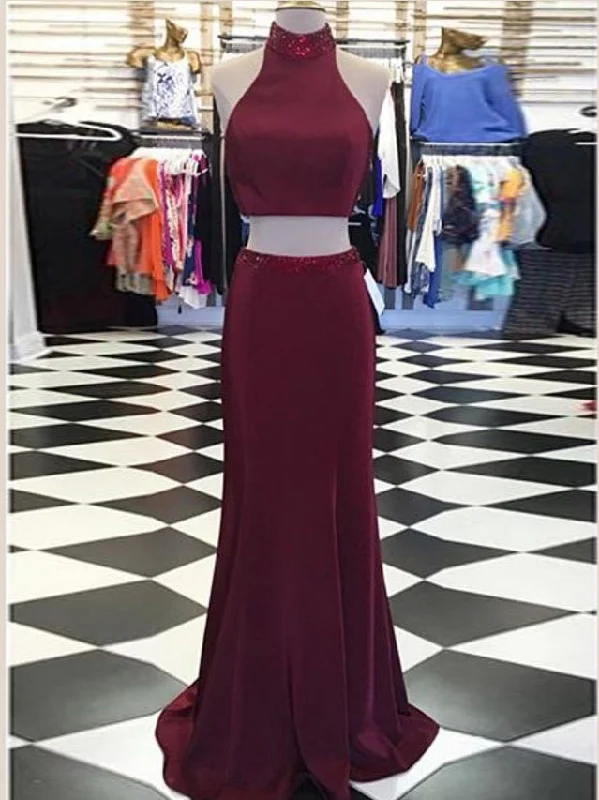 Overstock Two Piece Prom Dresses High Neck Sheath Long Burgundy Prom Dress JKL968