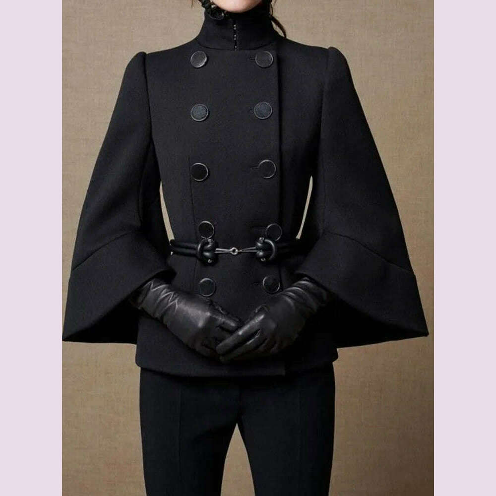 Blowout Deals padded puffer coatDouble Breasted High Neck Coat Women Solid Flared Sleeves Buttoned Jackets Ladies 2024 New Elegant Lace Up Slim Outerwear