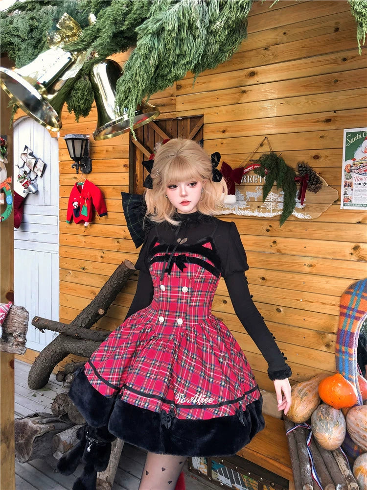 Deal Mania pleated dressTo Alice~Black Cat and Miss~Christmas Sweet Lolita Plaid Dress with Hooded Cape Deal Mania pleated dressTo Alice~Black Cat and Miss~Christmas Sweet Lolita Plaid Dress with Hooded Cape