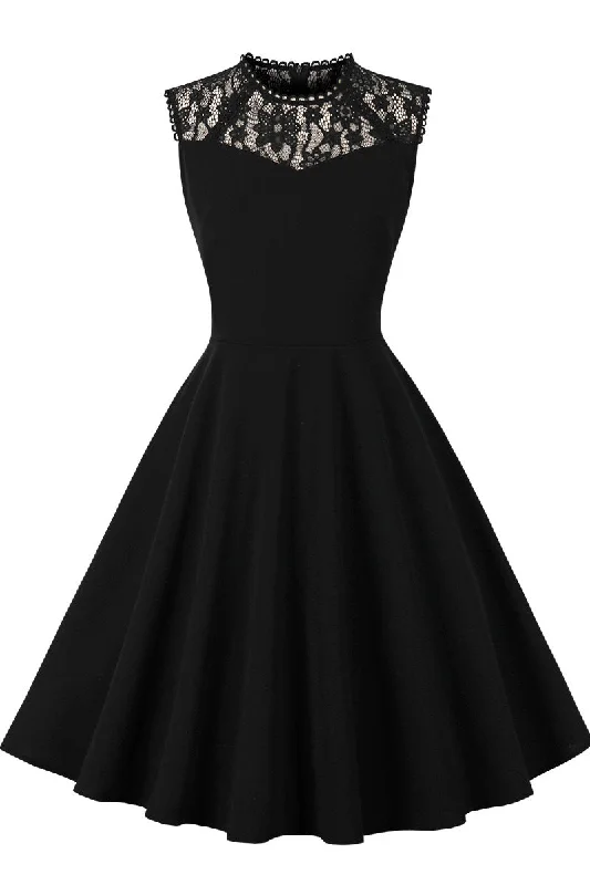 Fantastic Deals spaghetti strap dressSheer Lace Neck Black Swing Dress