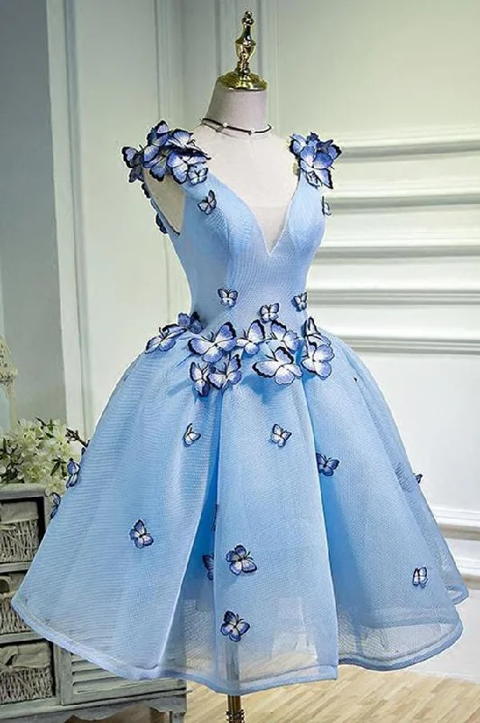 Today’s Deal V-neck Light Blue Short Cute Homecoming Dresses With Butterflies GJS711