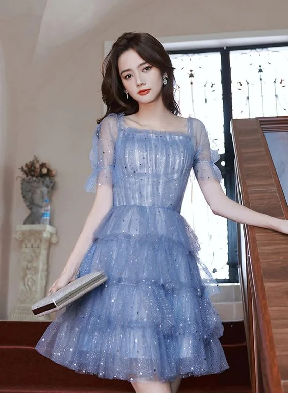 party-ready dressBlue Short Layers Tulle Formal Dress, Blue Off Shoulder Homecoming Dress Party Dress  Y1975