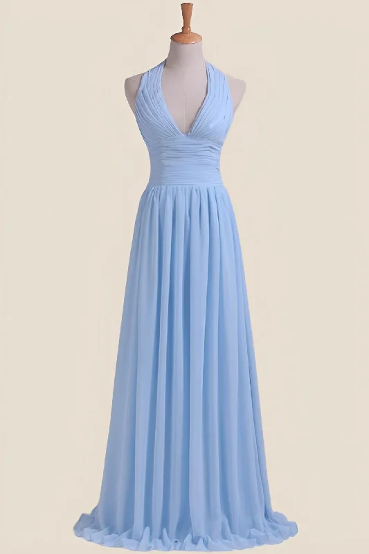 Incredible Offers knit dressHalter Light Blue Chiffon A-line Long Bridesmaid Dress