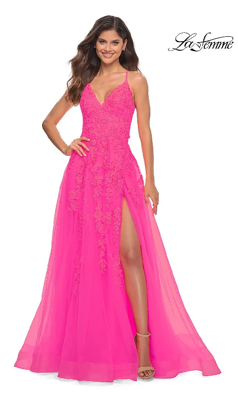 Flash Sale romantic dressLa Femme Neon Pink Embroidered Long Prom Dress