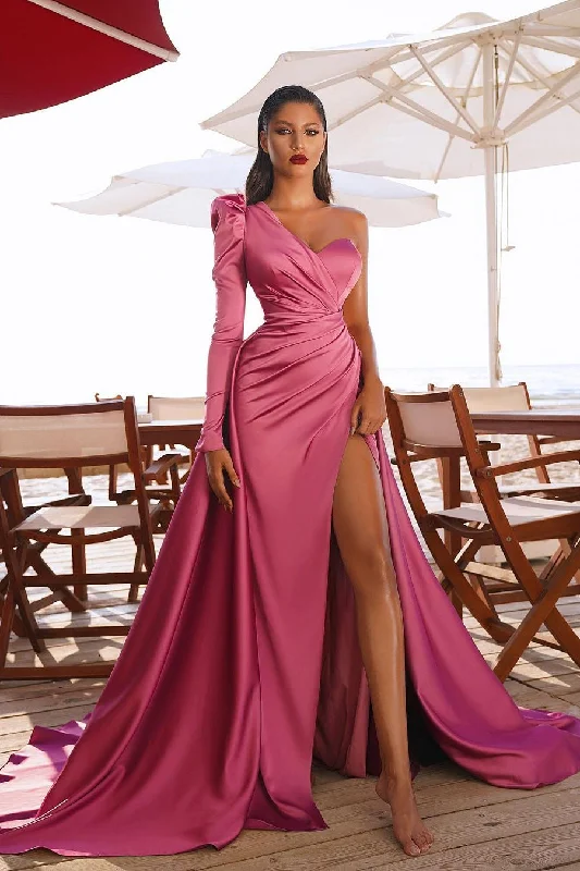 New Arrival Elegant One Shoulder Long Sleeve Prom Dress With Slit
