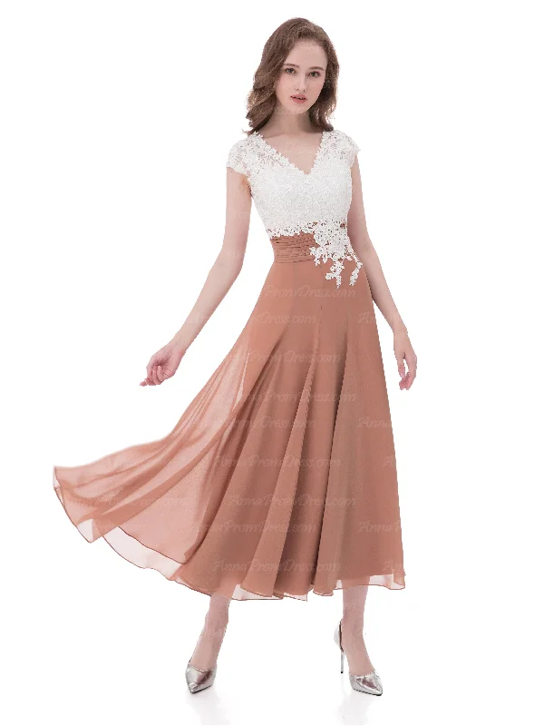 Bargain Prices Cheap Prom Dresses A-line Tea-length Lace Sexy Prom Dress Chiffon Bridesmaid Dress AX007