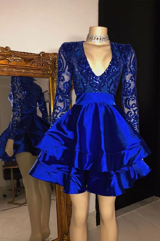 Extra Savings Long Sleeves V-Neck Lace Prom Dress Sequins Blue Short
