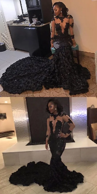 Early Access minimalistic dressMermaid Black Prom Dress Lace Long Sleeve African Prom Dress Y1255