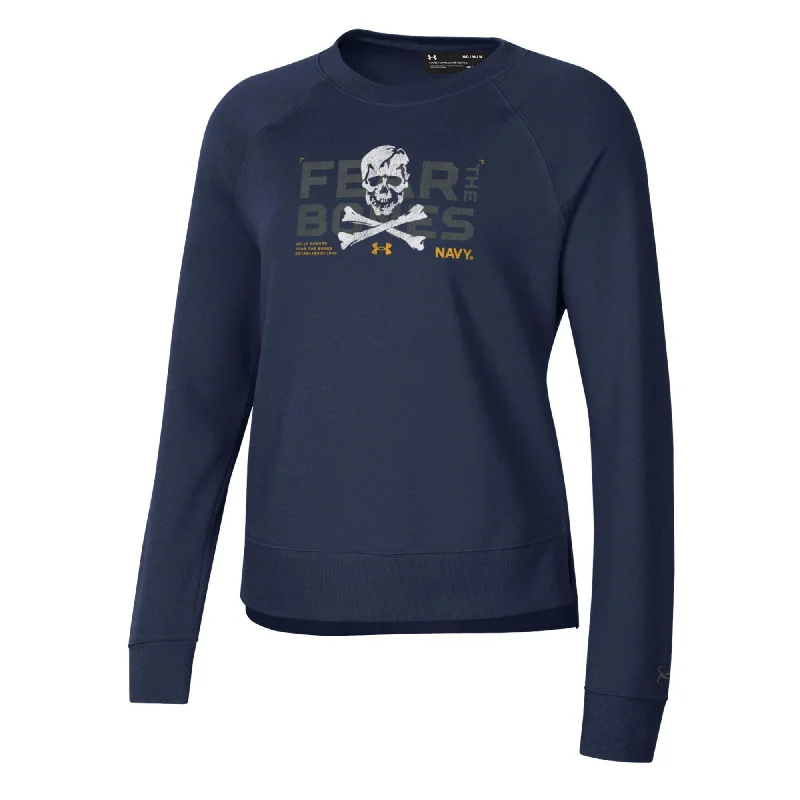 graphic gym sweatshirtNavy Ladies Under Armour 2024 Rivalry Fear the Bones Skull Fleece Crewneck (Navy)