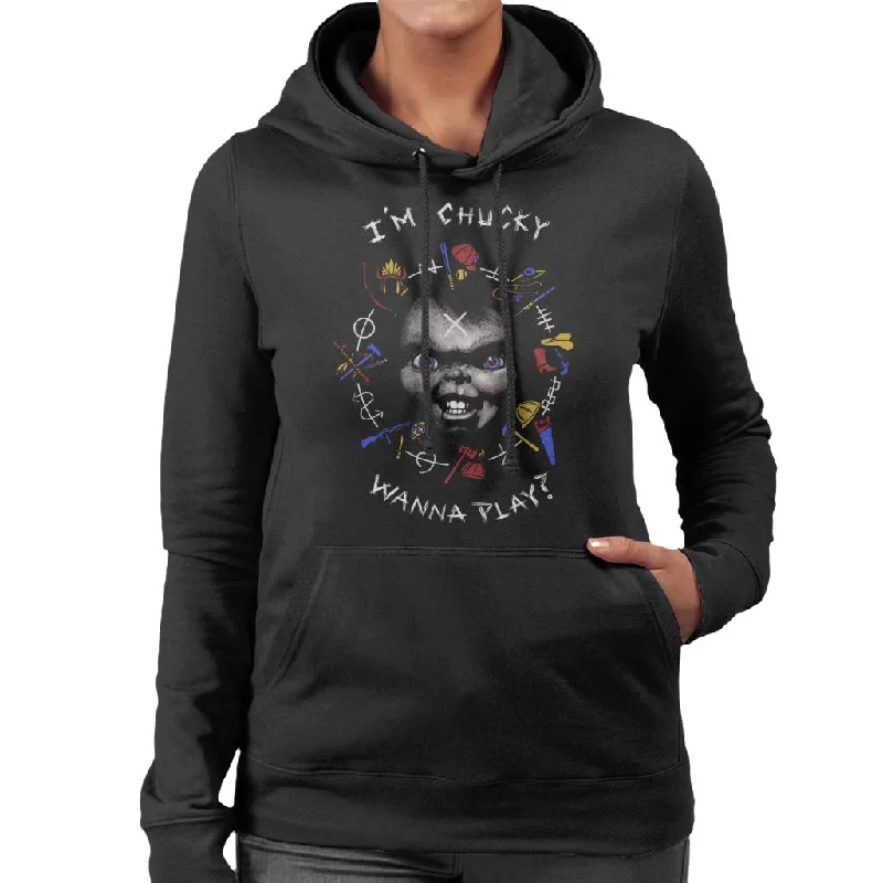 fashion hooded jacketChucky Im Chucky Wanna Play Quote Women's Hooded Sweatshirt