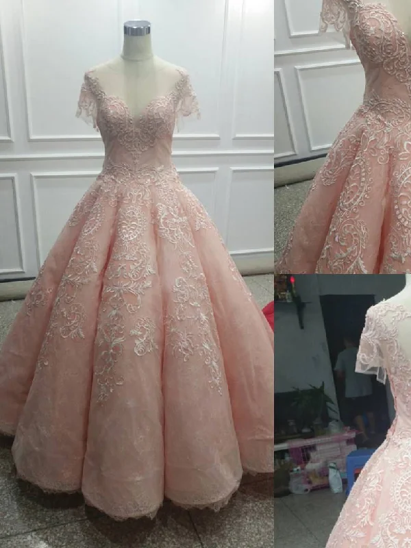 Super Bargain Ball Gown Prom Dresses Scoop Pearl Pink Lace Appliques Long Prom Dress/Evening Dress JKS131