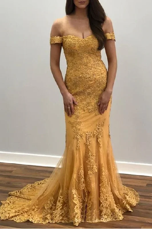 Buy More, Save More Gold Off Shoulder Sweetheart Lace Sheath Long Prom Dresses GJS639