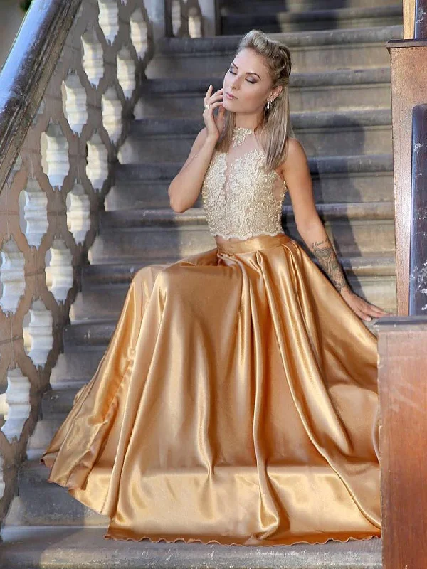 Exclusive Deal Two Piece Prom Dresses Halter Gold Aline Appliques Long Prom Dress JKL884