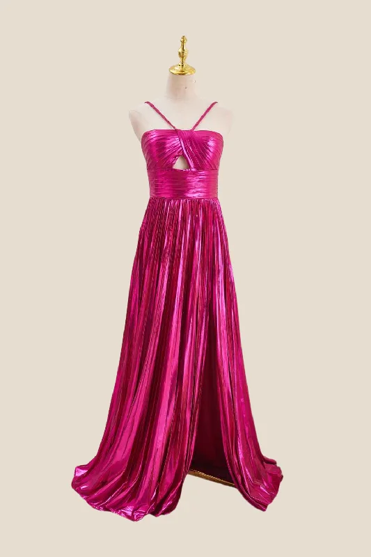 Can't Miss minimalistic dressHalterFuchsia Pleated Metallic Long Dress
