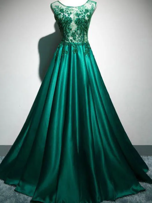 Final Clearance Long Prom Dresses Scoop Brush Train Hunter Green Beading Lace Prom Dress JKL540