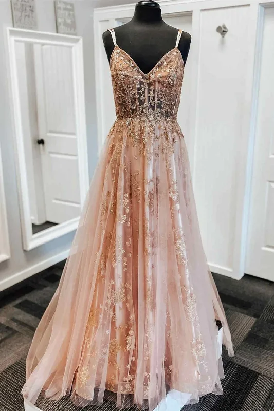 Midnight Sale elegant maxi dressA-Line Straps Blush Pink Prom Dress with Embroidery Y1162