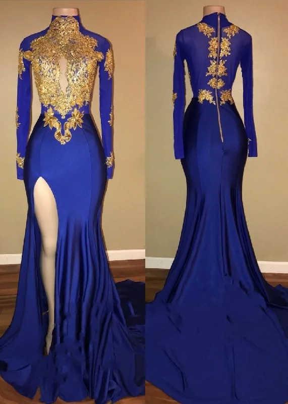 Unbeatable Prices Veilace Women's Mermaid High Neck Prom Dress New Gold Appliques Long Sleeves Split Evening Gowns JKQ9999
