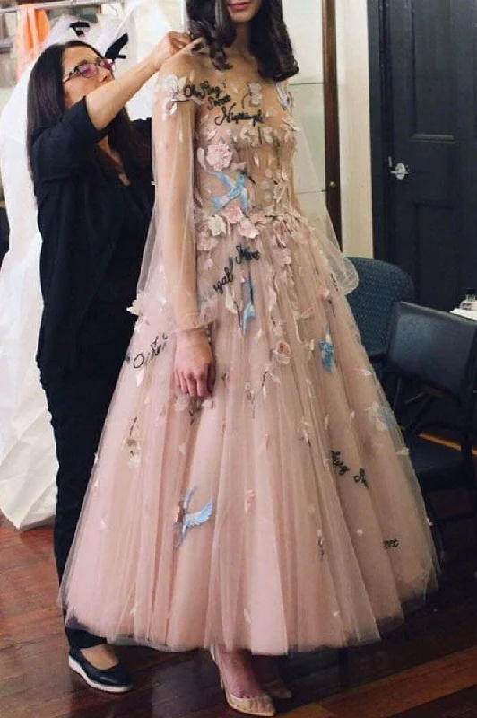 Epic Deals Princess A-Line Long Sleeve Blush Pink Tulle Prom Dresses with Embroidery Homecoming Dress NA5003