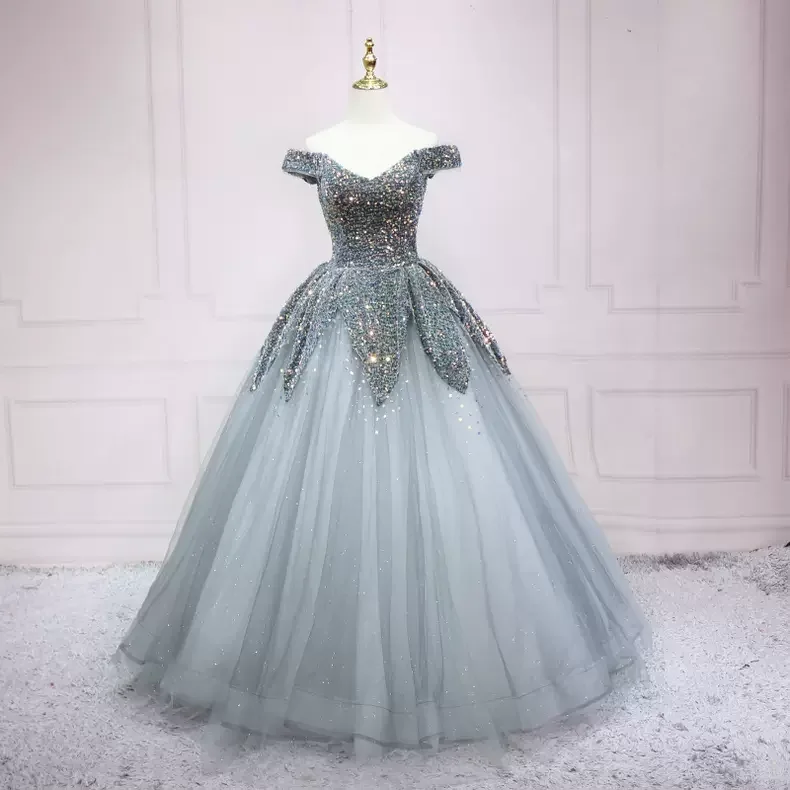 Early Access trendy wrap dressSilver Off The Shoulder Tulle Prom Dress  s12