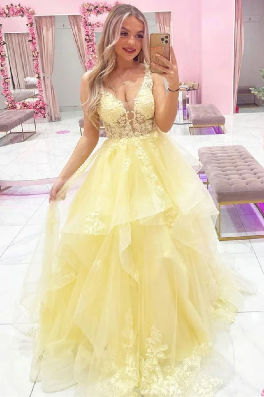Discount Mania Yellow Tulle Lace V Neck Layered Long Prom Formal Dress GJS458