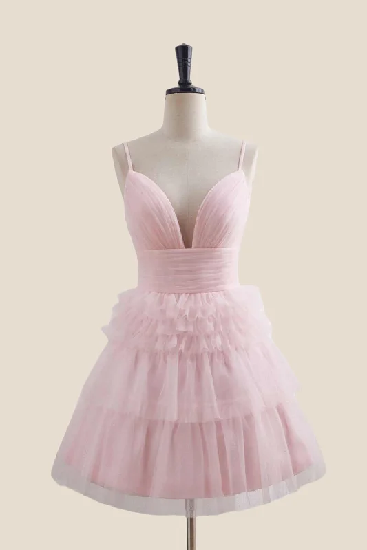 Crazy Savings winter dressPlunge Neck Pink Tiered A-line Short Dress
