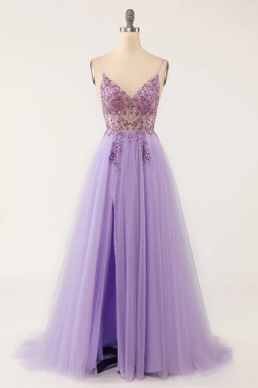 Lowest Prices fitted dressSexy Purple V Neck Beaded Tulle Long Prom Dress,Graduation Dress Y1348