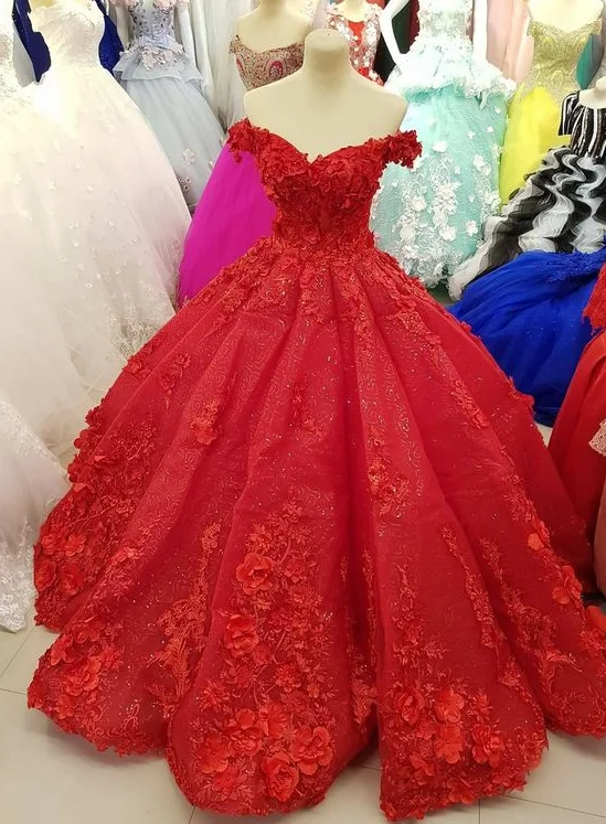One-DAY Sale casual shift dressLuxurious Off The Shoulder Red Ball Gown 3D Flowers,Quinceanera Dress  Y1217