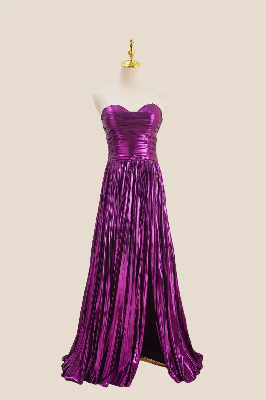 Limited Availability casual dressSweetheart Purple Pleated Metallic Long Dress