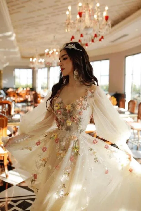 modern dressBeautiful Tulle Light Champage Prom Dress With Flowers Pruffy Sleeves Y1808