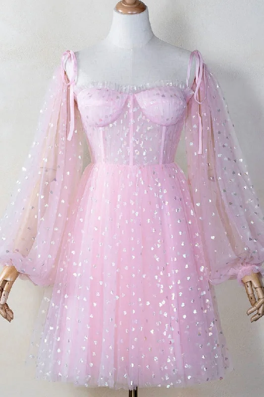 Limited Availability mini dressPink Coset Short Dress with Puffy Sleeves