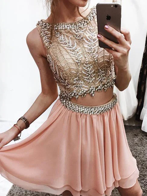Extra Savings Two Piece Homecoming Dresses Bateau A-line Short Prom Dress Rhinestone Party Dress JK571