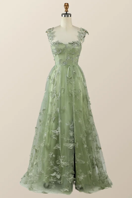 Overstock summer floral dressSage Green Butterfly A-line Long Formal Dress