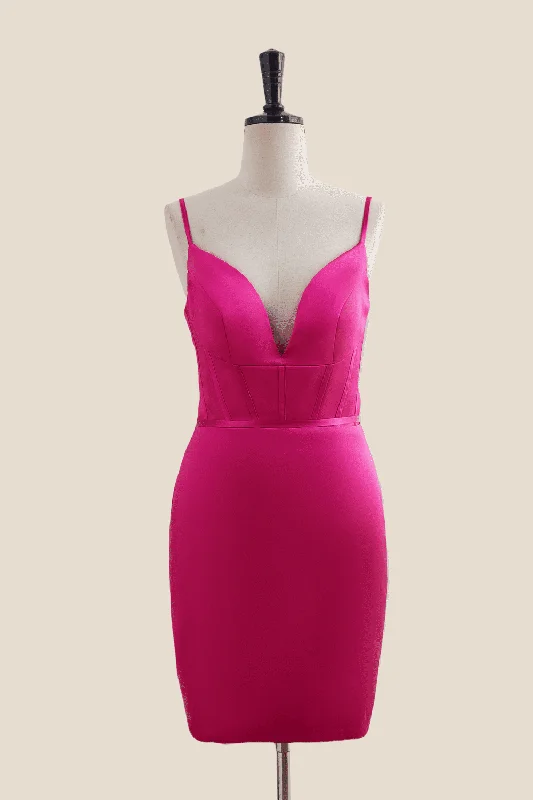 Deal Mania relaxed fit dressV Neck Hot Pink Ruched Bodycon Short Dress