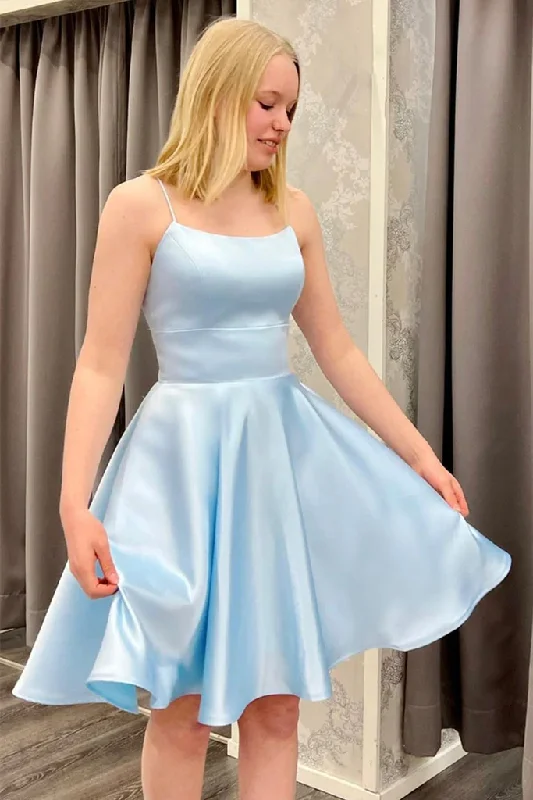 Buy More, Save More Cute Backless Short Light Blue Satin Prom Homecoming Dress GJS709