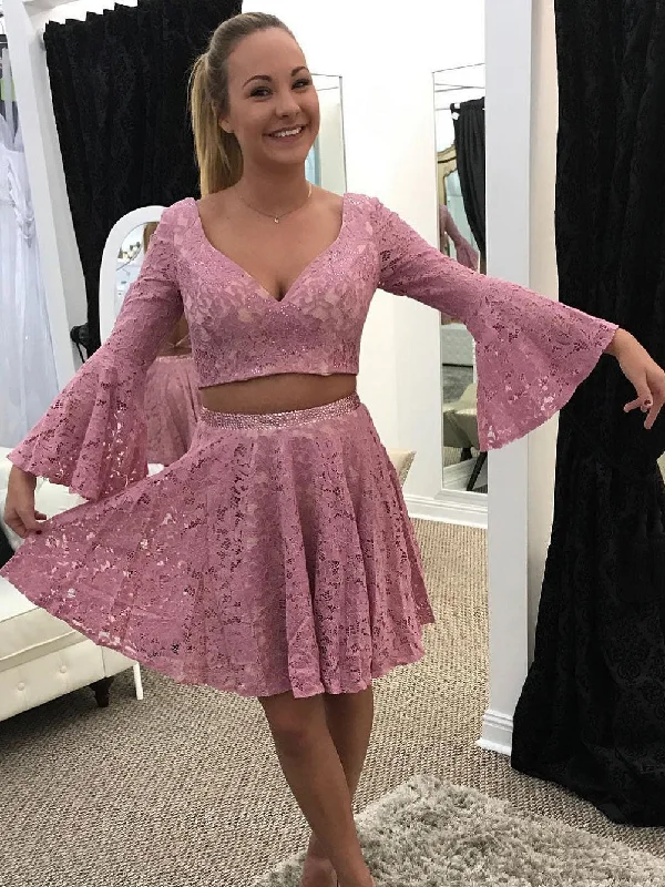Sale Event Two Piece Homecoming Dress V-neck Lace Long Sleeves Short Prom Dress Party Dress JK045